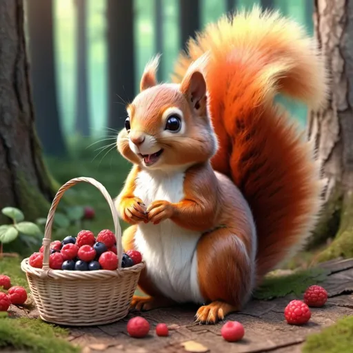 Prompt:  Cute fluffy squirrel sitting next to a basket of berries in a forest clearing, cgi animation, color drawing, bright, beautiful smiling face, clear image, Fabulous,3D drawing , computer illustration