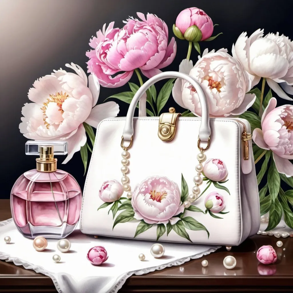 Prompt:  handbag ,white and pink peonies on the table,pearls , perfume bottle , fantasy beautifully realistic, 3D watercolor drawing