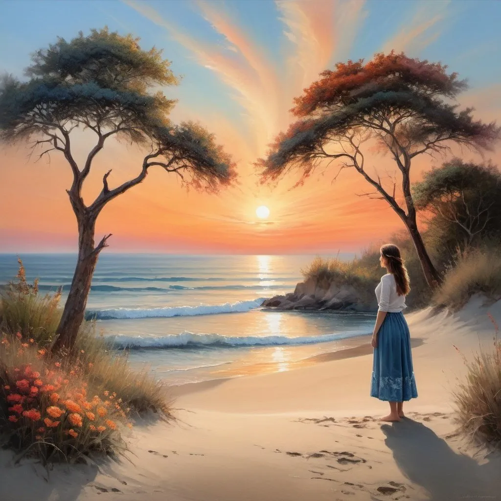 Prompt: a woman standing on the sand in front of the ocean, a floral sunset, trees and bushes,
Realistic painting created by the image of a woman in the style of a romantic landscape reflected in the sunset sky. The painting resembles the works of Thomas Moran and Claude Monet. The strong contrast between the warm colors of the sunset and the cold blue ocean creates an effect of harmony and tranquility. Using brushes in the style of fine photography makes this beautiful nature scene even more realistic.