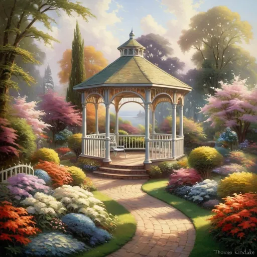Prompt:  a painting of a garden with a gazebo,   magic realism,  , style thomas kinkade