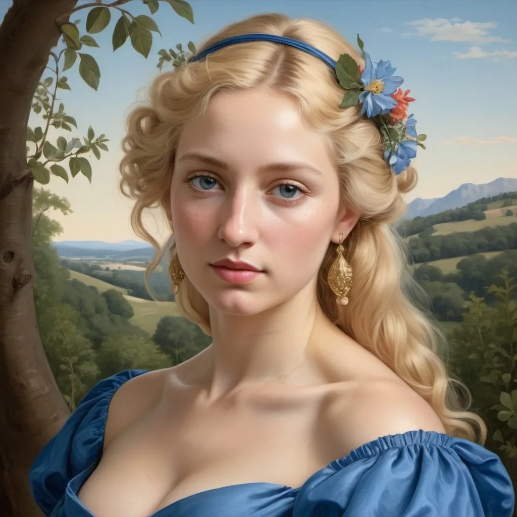 Prompt: Realistic portrait of a woman in a blue dress and floral accessories, surrounded by nature, done in the style of Jean Auguste Dominique Ingres. Curly blonde hair creates the effect of lightness and tenderness, and the bright accent on the floral details emphasizes her beauty and femininity. Each element of the image is worked out to the smallest detail, giving the picture photorealism. (Long angle), using soft lighting to create a warm atmosphere. 