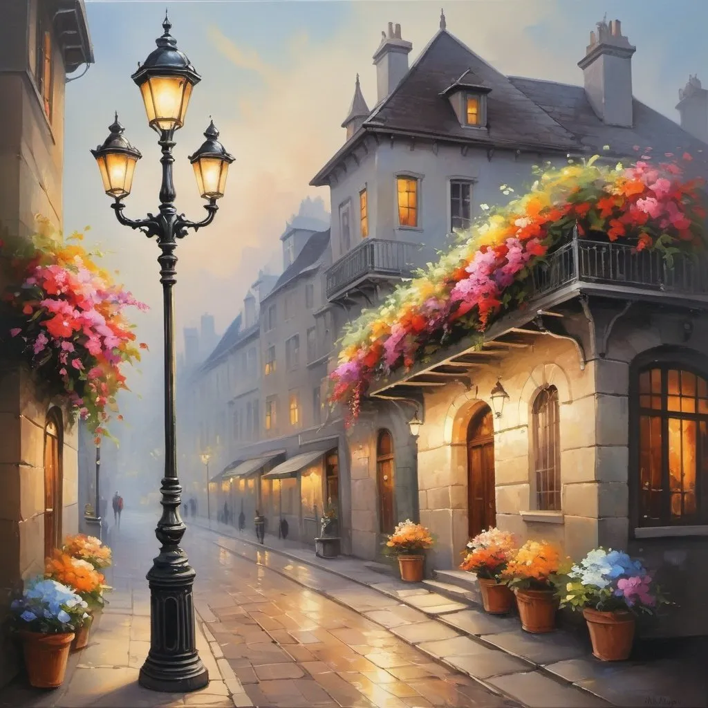 Prompt:   Immerse yourself in the serene atmosphere of this painting, showing a delightful street scene decorated with bright flowers and a fancy lamppost. The serene atmosphere is delightful , the scene is Artistic Touches ,fantasy is beautifully realistic, art fantasy