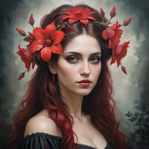 Prompt:  a woman with red flowers in her hair, a fine art painting , gothic art, beautiful fantasy art portrait, beautiful fantasy painting, beautiful fantasy portrait
