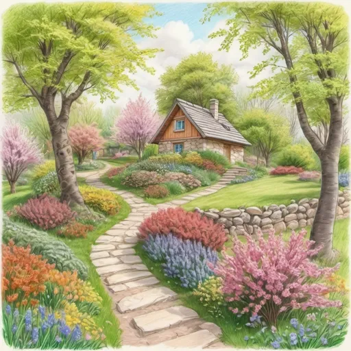 Prompt: A colorful spring landscape with a winding stone path, a man walking away along the path leading through a lush garden surrounded by flowering trees, shrubs and a small wooden cottage. Realistic pencil drawing