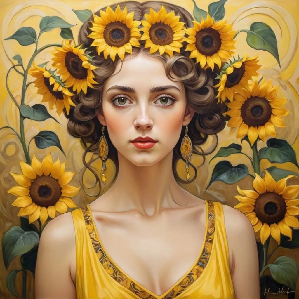 Prompt: A realistic painting in the Art Nouveau style depicting a beautiful lady in a yellow dress with sunflowers in her hair. The painting is done skillfully and in detail, with an emphasis on the face and expressive eyes. Inspired by the works of artists Henri Matisse and Gustav Klimt. The combination of realism and expressiveness makes this painting a masterpiece of modern art.
