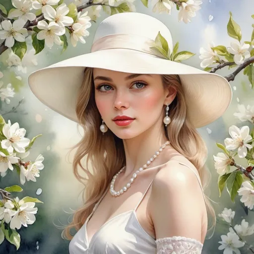Prompt: the girl is gentle, charming, perfect face, pearls in a white hat and white gloves, luxurious dress, against the background of a blooming apple tree, realistic body and face features,
naturally, high detail, directional lighting, middle close-up, bloom light effect, dry watercolor, color sketch art