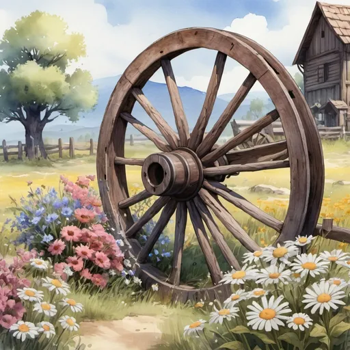 Prompt:  a watercolor painting of a wagon wheel and flowers, fantasy mmo, beautiful image ever created, artillery, crushing despair, beautiful random images, uncompressed png, stands at her easel, daisies, konami concept art, linen canvas, colorised, colt, listing image