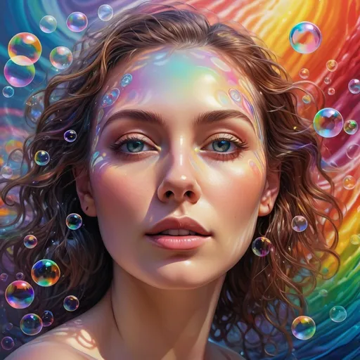 Prompt: Hyperrealistic sci-fi fantasy illustration of a woman's face obscured by luminous rainbow-hued bubbles, swirling wavy resin sheets resembling futuristic chromatic waves embellished with robotic motifs, face central in composition, surrounded by vibrant colors and a bokeh effect, composition aspect ratio 9:20, canvas complexity at 50, style factor at 500, front version 5.2, intricate and bizarre, ultra fine, 8k, dramatic lighting.