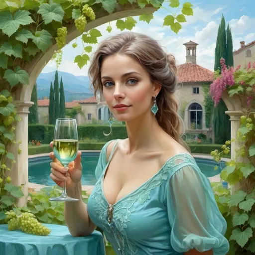 Prompt:  a painting depicting a woman with a glass of wine, aquamarine windows, she is the center of the garden, a very, very beautiful woman, a pleasant face, digital visualization, in the style of glamour, fountain, climbing vines of hops and flowers, romanticism, July,