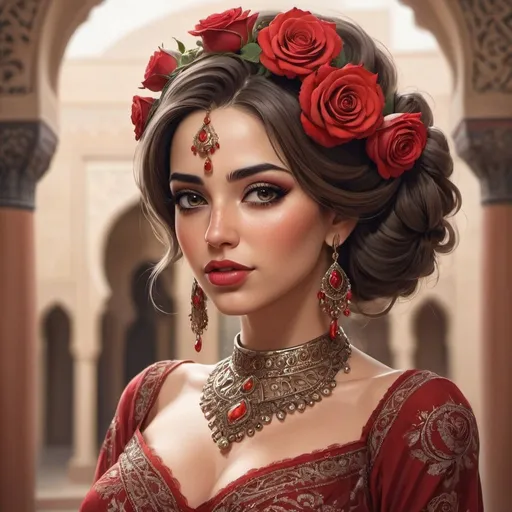 Prompt:  a beautiful woman with a red rose in her hair, character art closeup, detailed dress and face, fantastic details full faces, middle eastern details, eyes and lips, the artist has used bright, cover girl, 