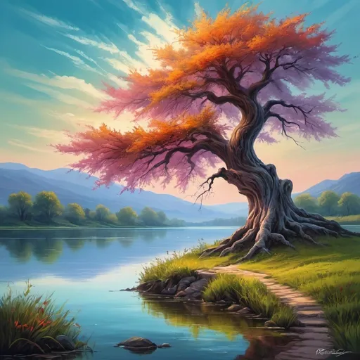 Prompt: a painting of a tree near a body of water, romanticism landscape painting, fantasy landscape painting, landscape painting, dream scenery art, colorful landscape painting, landscape art, beautiful fantasy painting, very beautiful digital art, romanticism painting, scenery artwork, fantasy art landscape, painting of landscape, nature painting, beautiful gorgeous digital art, beautiful painting, beautiful digital art