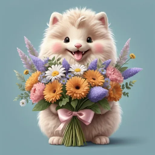 Prompt:  A cute fluffy animal smiles  and holds a bouquet 💐 of flowers, hyperrealism, aesthetic, beautiful, realistic, professional photo, high resolution, high detail, lumen, ultra cute 🥰 vector illustration