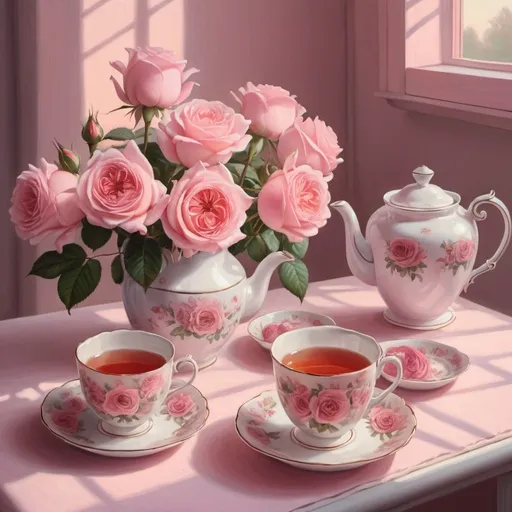 Prompt:  a painting of roses and a teapot, a cup of tea on the table, a very detailed illustration.Uh, in the delicate pink light of dawn, drawing