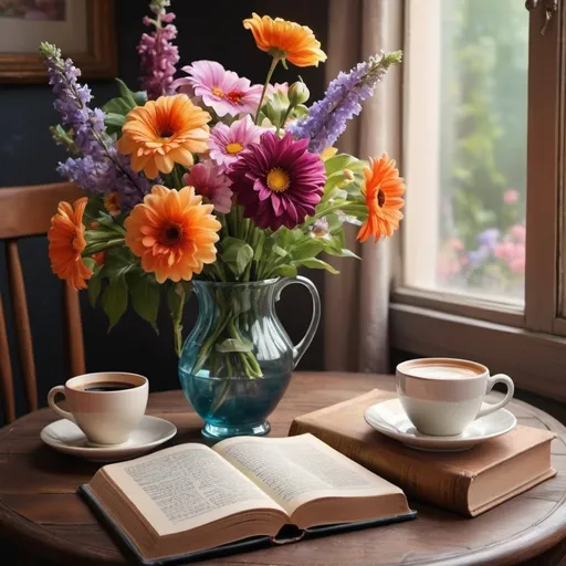 Prompt:  a vase filled with flowers next to a cup of coffee, books and flowers, magical colorful flowers, still life with flowers, realistic flowers oil painting, with one vintage book on a table, beautiful flowers,     beautiful large flowers, plants in glasses, fantasy flowers and leaves, magical flowers, i dream of a vase flowers, springtime morning, flowers background