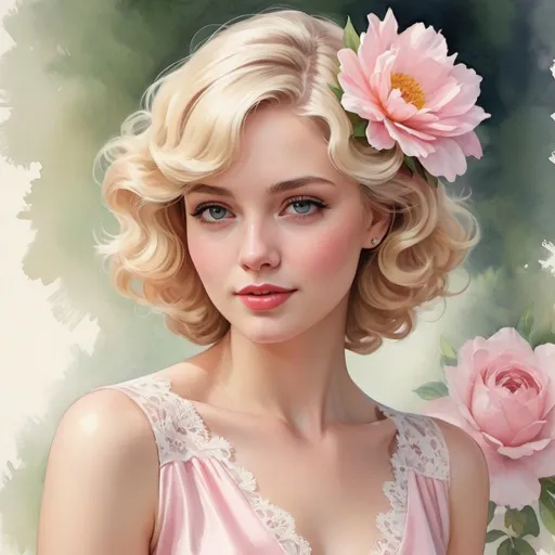 Prompt: Charming woman with a flower in her hair, short wavy blonde hair, delicate pink silk dress, white lace trim, retro style, ultra-realistic, beautiful, colorful, realistic, high detail, rim light, animated 3D graphics, stunning watercolor painting,