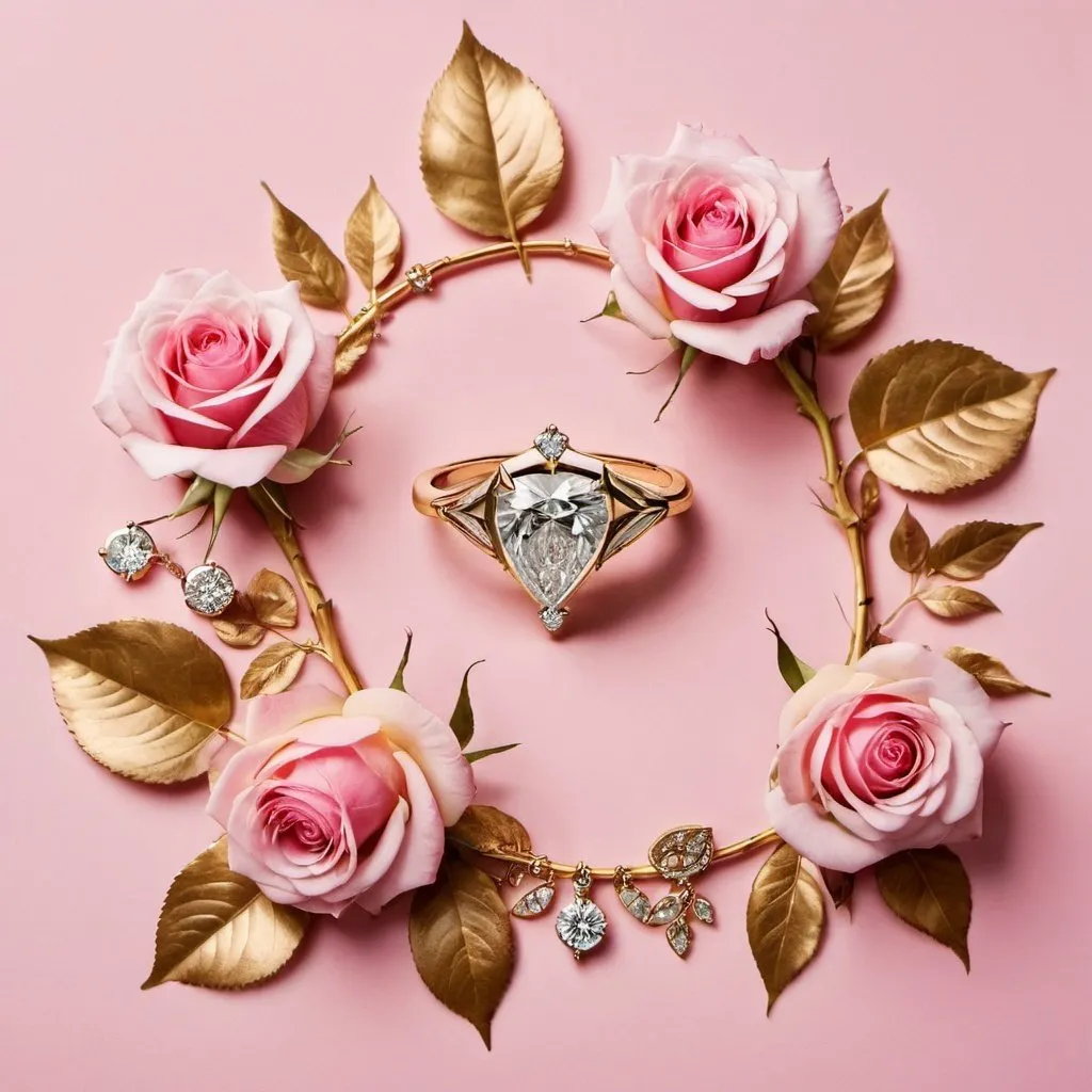Prompt:  Three pink roses surrounded by gold leaves and diamond jewelry on a pink background.