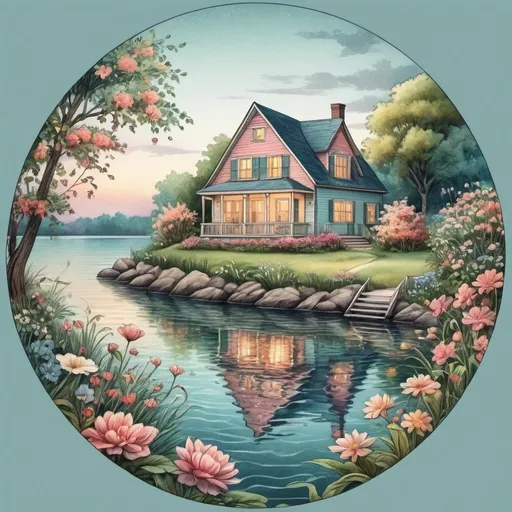 Prompt:  House by the water, round vignette with floral pattern, dreamy full-color, drawing