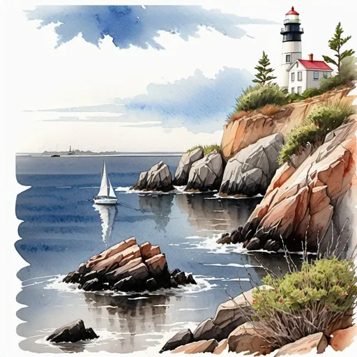 Prompt: Bay, sailboat on the water, lighthouse, wet rocks, bushes in the foreground, realistic ,natural, contrast ,dry watercolor, color sketch art