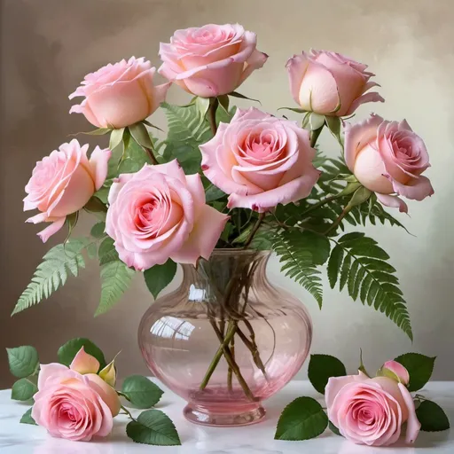 Prompt: a vase filled with pink roses sitting on a table, roses and lush fern flowers, translucent roses ornate, decorative roses, roses background, pastel roses, beautiful large flowers, rose background, beautiful flowers, rosses, elegant flowers, pink rose, pink flowers, flowers background, soft flowers, realistic flowers oil painting, beautiful flower, roses, ornate flowers, romanticism painting