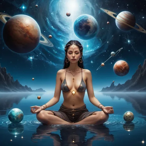 Prompt: a woman sitting in the water surrounded by planets, avatar image, positive energy, interconnected, inspired by Mark Arian, by Tom Palin, around thousand of stars, sweet night ambient, as above so below, connection rituals, gemini, anime picture, metaverse, nasa, high priestess tarot card, interconnections