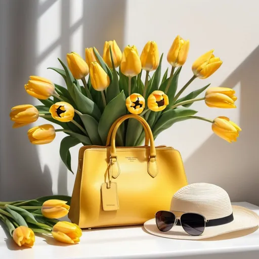 Prompt: luxurious yellow handbag, wide sun hat, sunglasses and a bouquet of tulips, image, beautiful realistic pencil drawing