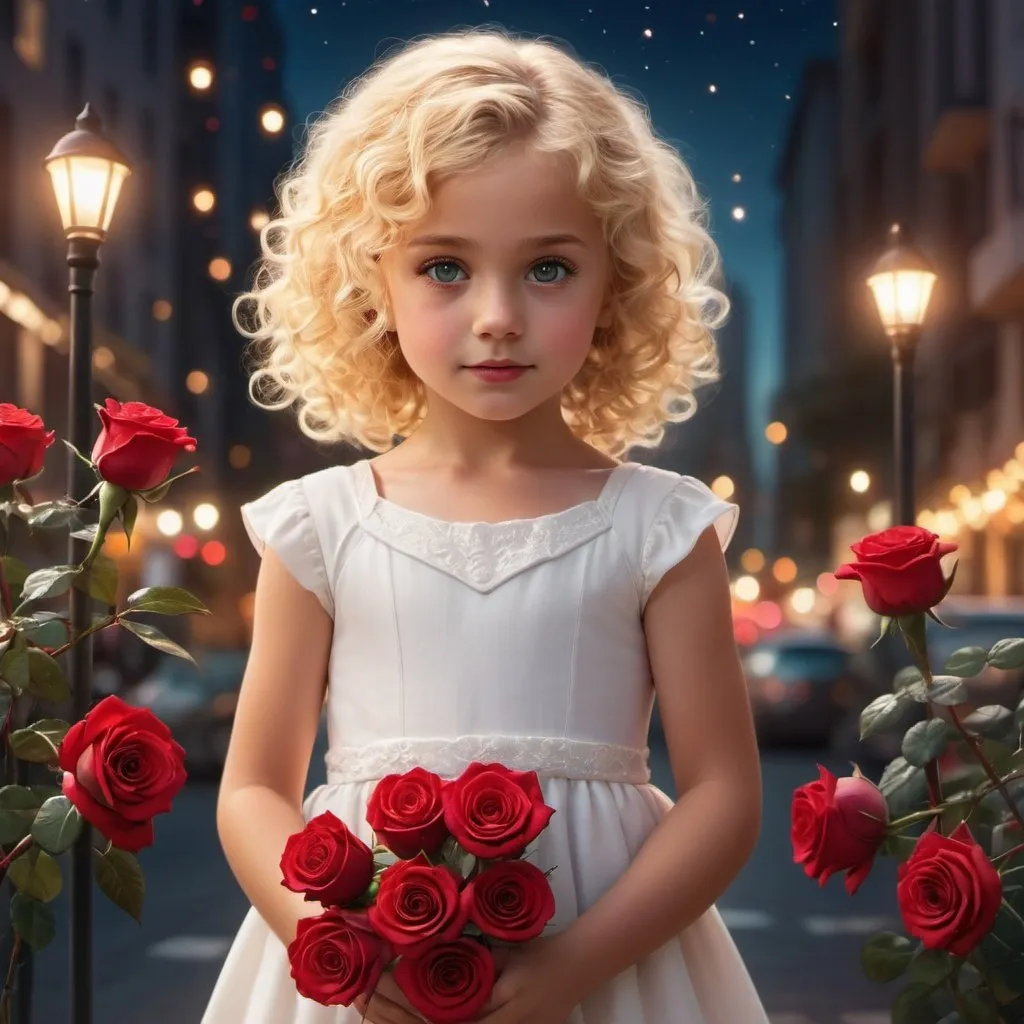 Prompt:  
A little blonde girl, curly hair, in a white dress with red roses stands in front of a city street illuminated by lights. fantasy, bright colors beautiful, illustration, computer graphics high resolution, high detail, 30mm lens, 1/250s, f/2.8, ISO 100
 