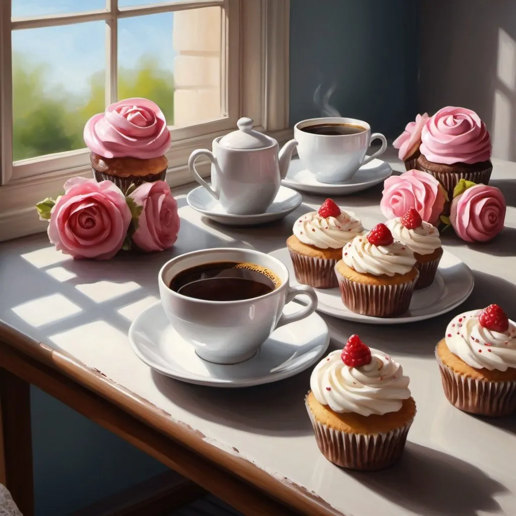 Prompt:  painting depicting a table with a cup of coffee and cupcakes, breakfast,morning, oil painting, hyperrealism, good morning, beautiful uhd 4k art, baking, highly detailed digital painting, art painting, exquisite painting, kitchen background, tea party, very beautiful digital art