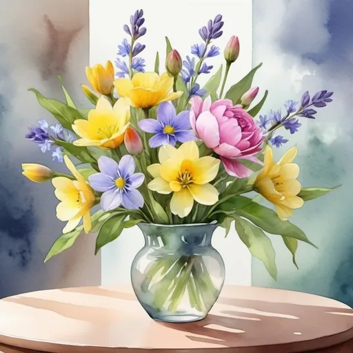 Prompt: a bouquet of spring flowers on the table, realistic watercolor, breathtaking digital art, computer graphics, with distance, very beautiful, soothing.