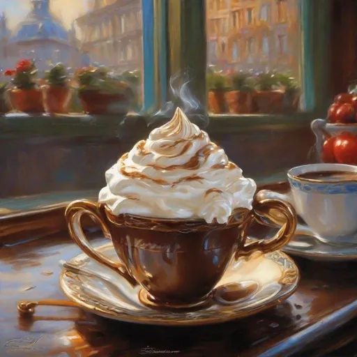 Prompt: a painting of a cup of coffee with whipped cream, by Pamela Ascherson, hot cocoa drink, cappuccino, by Terry Redlin, ( ( konstantin razumov ) ), volegov, adi granov, popular on art station, cozy cafe background, detailed soft painting, featured on art station, intricate detailed oil painting, chocolate art