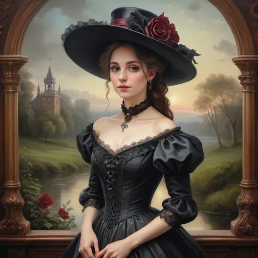 Prompt:  painting of a woman in a dress and hat of the Victorian era, in the style of the 1850s, beautiful fantasy painting, romantic painting, fantasy style, elegant oil painting, elegant and exquisite painting, very beautiful fantasy painting, detailed 3d Gothic romantic era, painting