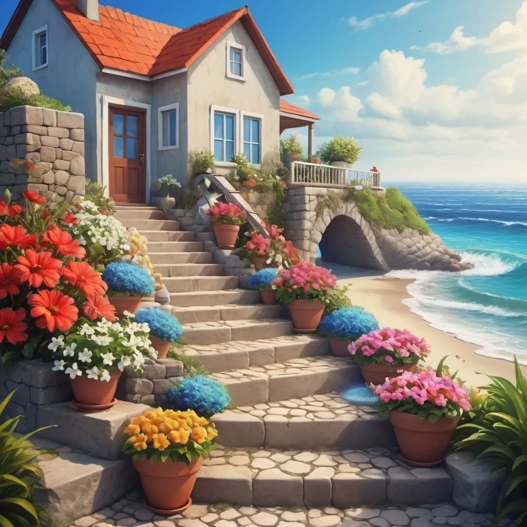 Prompt:  beautiful house by the sea, flowerpots with flowers, steps leading down to a beautiful beach ,breathtaking beautiful beach, a small stone path leading to the house, beautiful waves on the sea, fantasy art, matte v ray painting