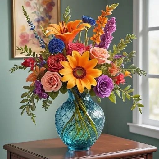 Prompt:  Let the vibrant colors and intricate details of this floral masterpiece in a glass vase transport you to a world of artistic wonder. 🌼🌿 Artistic Beauty, Floral Elegance, Creative Escape.