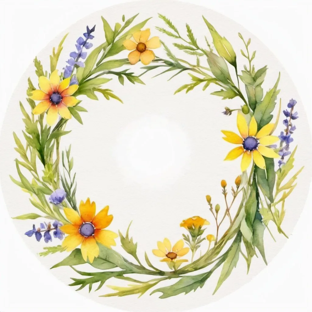 Prompt:  watercolor round wreath, wildflowers, English watercolor, sunny, beautiful