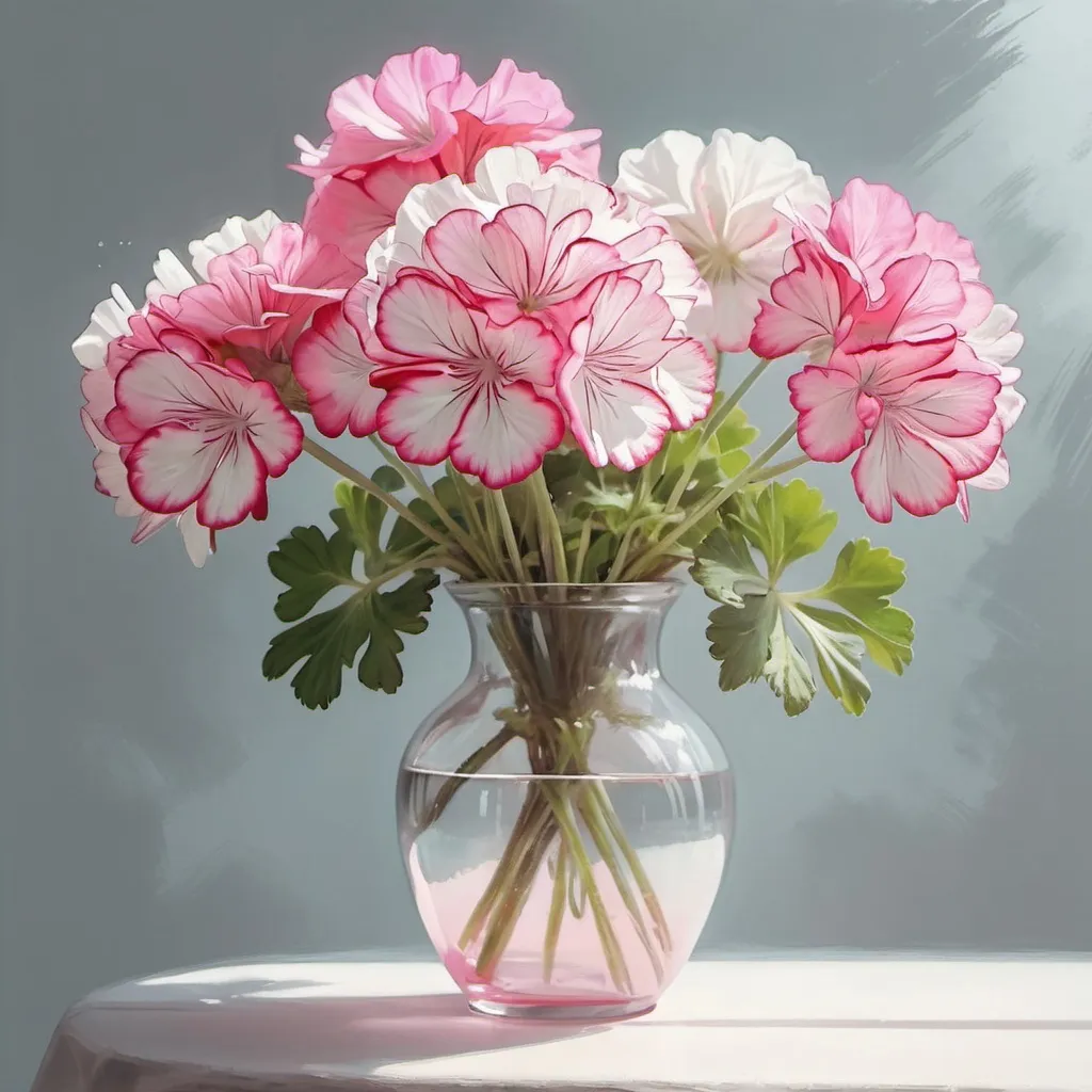 Prompt: bouquet of pink and white geraniums in a vase, monochromatic airbrushing, realistic refraction of light, soft brush strokes