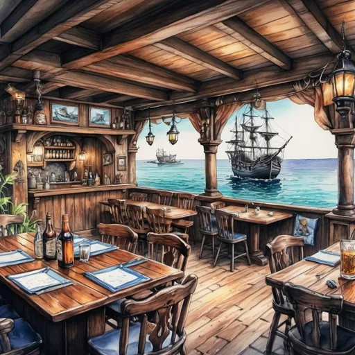 Prompt: pirate tavern cozy on the sea coast, mesmerizing landscape, depth of frame, stylized, beautiful, masterpiece watercolor and colored pencils sketch, clearly, photorealistic, hyperrealism, fantastic, plndxoxo, masterpiece, magnificent, pinterest aesthetic, abundant, high detail, detailed drawing, ink drawing, hyper - detailed, ink, drawing details with a black pen, 64K