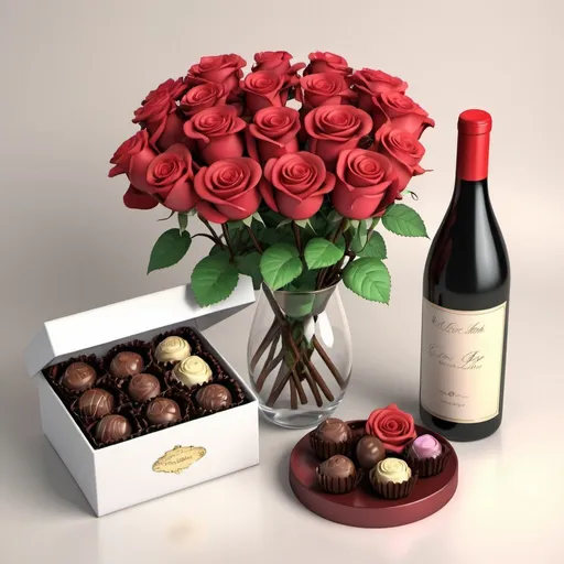 Prompt: a box of chocolates and a glass of wine, decorative roses, romantic, realistically beautiful, 3 D cartoon, computer illustration