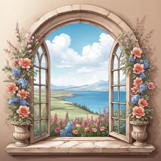 Prompt:  window in the form of an arch with flowers,with a view into the distance,  drawing is a wonderful artistic illustration,