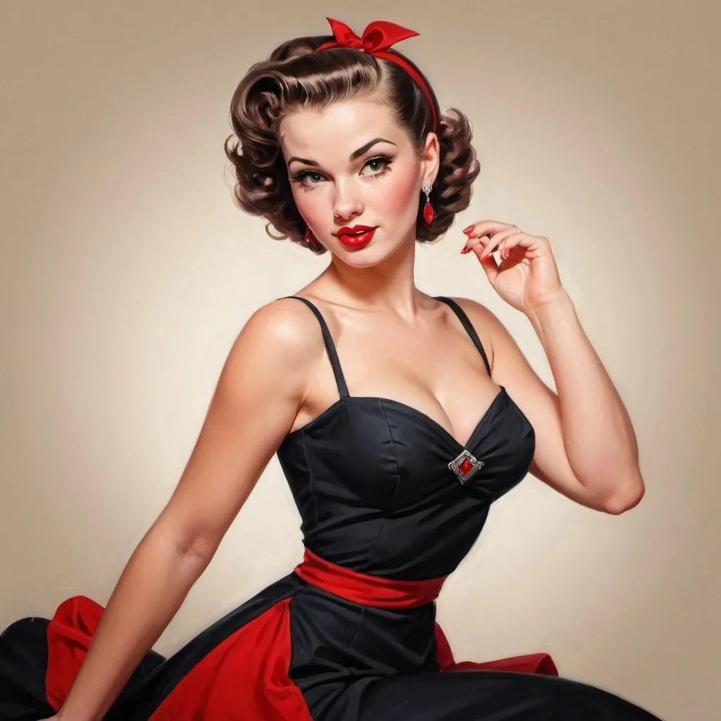 Prompt: an elegant woman in a black dress and red, pin- up art, a girl in pin -up style.