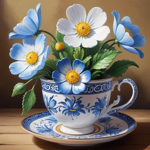 Prompt: painting of blue and white flowers in a tea cup, Slavic features, three-dimensional animation, happy sunny day, beautiful deep colors, tea, beautiful, intricately decorated flower next to the cup, buttercups, beautifully realistic 3D animation drawing, acrylic painting.