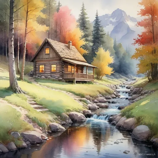 Prompt:  a watercolor painting of a cabin by a stream, watercolor landscape, by Bohumil Kubista, style of thomas kinkade, water painting, by Mstislav Dobuzhinsky, romanticism landscape painting, colorful landscape painting, colorful watercolor painting, gorgeous painting, beautiful painting, atmospheric painting, by Tomek Setowski, style thomas kinkade