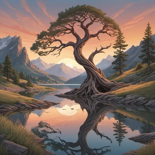 Prompt:  Detailed illustration of a serene landscape with a twisted, gnarled tree, mountains, and a lake reflecting the sunset.