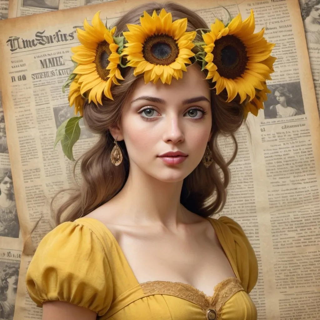 Prompt:  Create a detailed description of a charming lady in a yellow dress with sunflowers in her hair, with a perfect face, expressive eyes and an elegant photo-realistic appearance, standing against an old newspaper background, embodying Art Nouveau beauty.