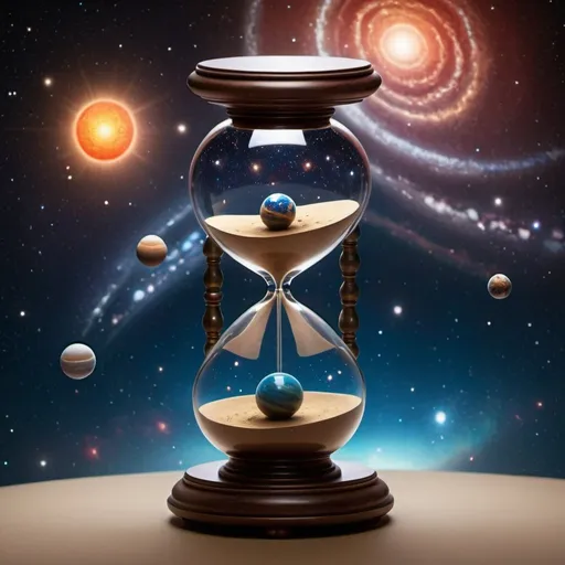 Prompt:  Hourglass-shaped object with planets, galaxies, and celestial bodies visible inside it.