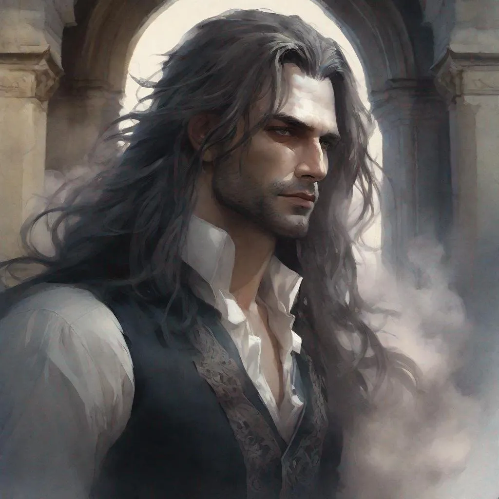 Prompt: Half body lord tall Handsome Man long messy hair, evil man, dark soul, with dark magic, and Cute maid woman, castle, transparent smoke, glowing eyes, realism, Watercolor, trending on artstation, sharp focus, studio photo, intricate details, highly detailed, by greg rutkowski