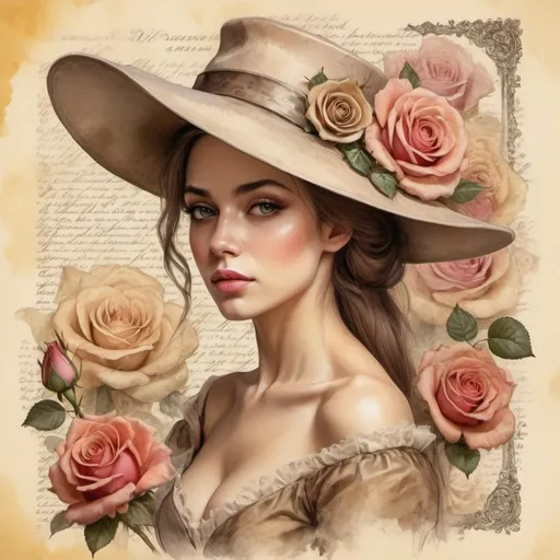 Prompt: gorgeous elegant attractive, woman in a hat with roses, beauty, beautiful fantasy portrait on the background of old yellowed letters,feminine image, 1800s, realistic, natural,rococo ecopunk, random arts, beautiful detailed oryx, high detail, medium plan, blooming lighting effect,
dry watercolor, color sketch art,