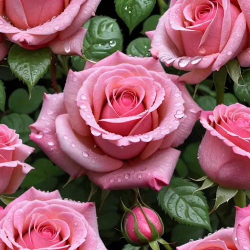 Prompt:  a bouquet of pink roses with water droplets, decorative roses, rose background, roses background, translucent roses ornate, pink rose, beautiful flower, beautiful large flowers, depicting a flower, ornate flower design, large rose flower head, beautiful flowers, roses and lush fern flowers, flowers background, intricate flower designs, rosses, photo of a rose, rose, pink flower