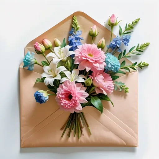 Prompt: bouquet of flowers in a postal envelope, white background, white , pink, blue, green, realistic, beautifully natural, high detail, medium plan, blooming lighting effect,oil painting