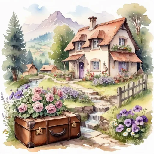 Prompt:  A suitcase with a stack of antique volumes with rose flowers on it, a small village house with a tiled roof, ivy, moss, a waterfall, a stream, a horse in a flower meadow, morning, around there are bells, daisies, pansies, lavender, a pine forest in the distance, retro style watercolor sketch.