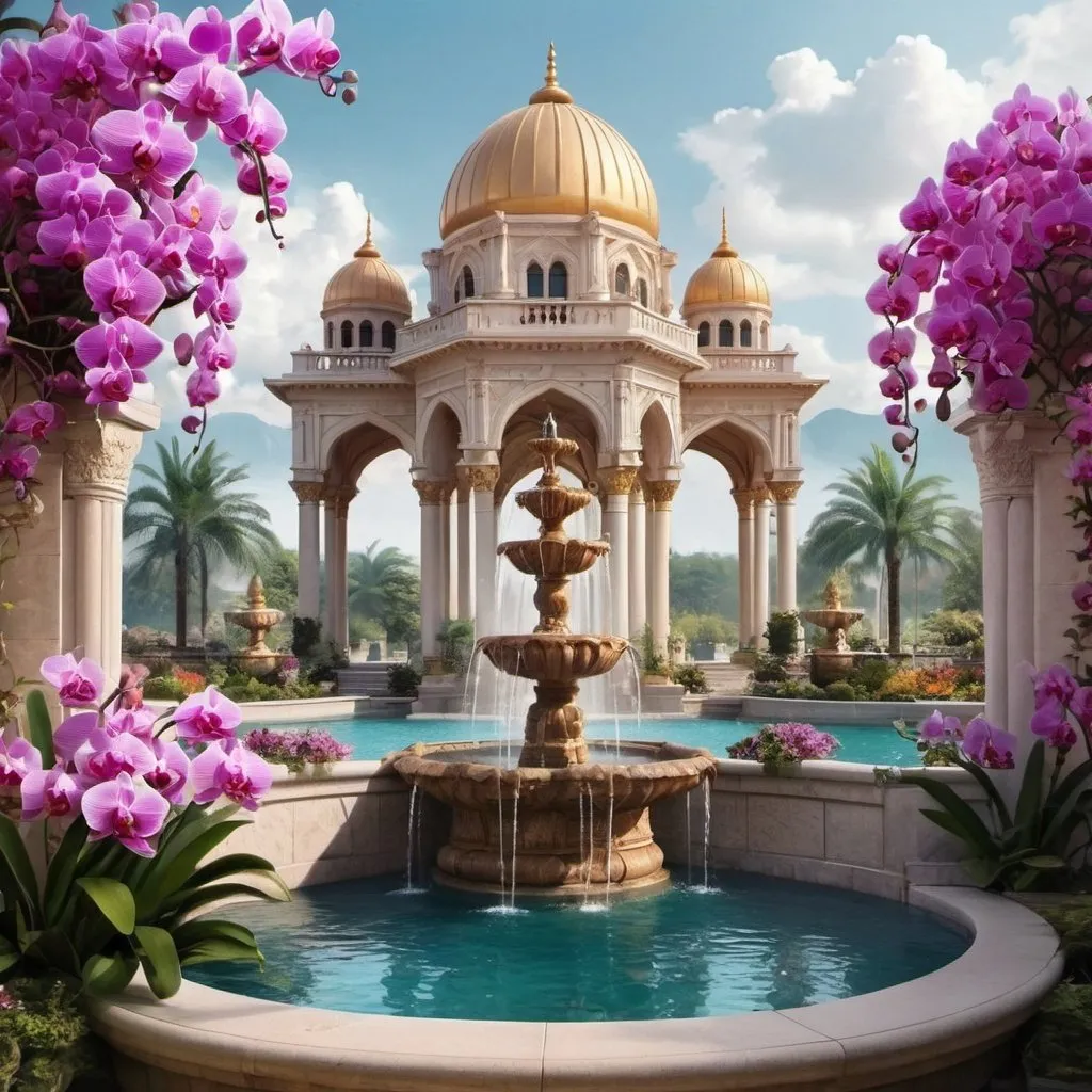 Prompt:  a beautiful garden with flowers and a fountain, beautiful fantasy art, orchid, the grand temple of flowers, ilustration, royal photo, good morning, beautiful fantasy, arabian features, cloud palace, dreamland, my home, beautiful aesthetic design