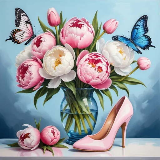 Prompt:  A bouquet of pink and white flowers including peonies and tulips, with blue butterflies and a pair of exquisite high heels. Acrylic painting, very colorful design, realistic, cartoon style